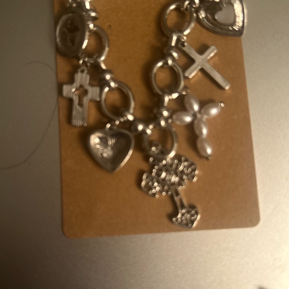 Silver Charm Bracelet with Cross and Heart Charms